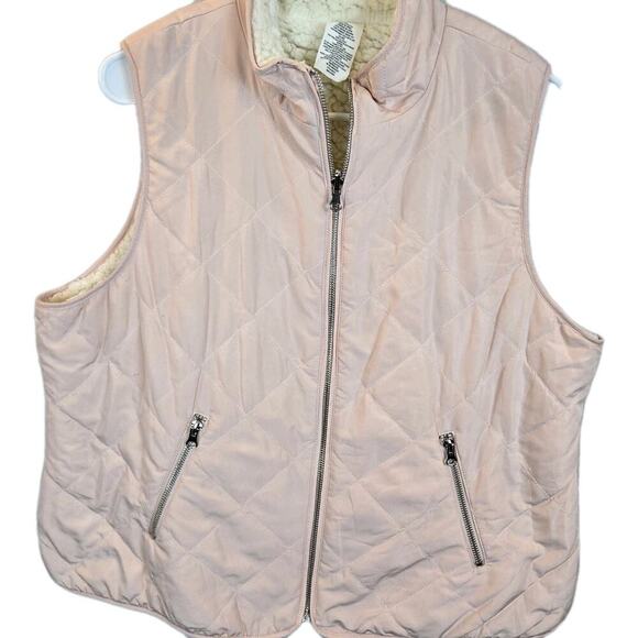 Ruby Rd Petite Large Pink Reversible Cream Sherpa Quilted Puff Vest Front Zip - Picture 1 of 8
